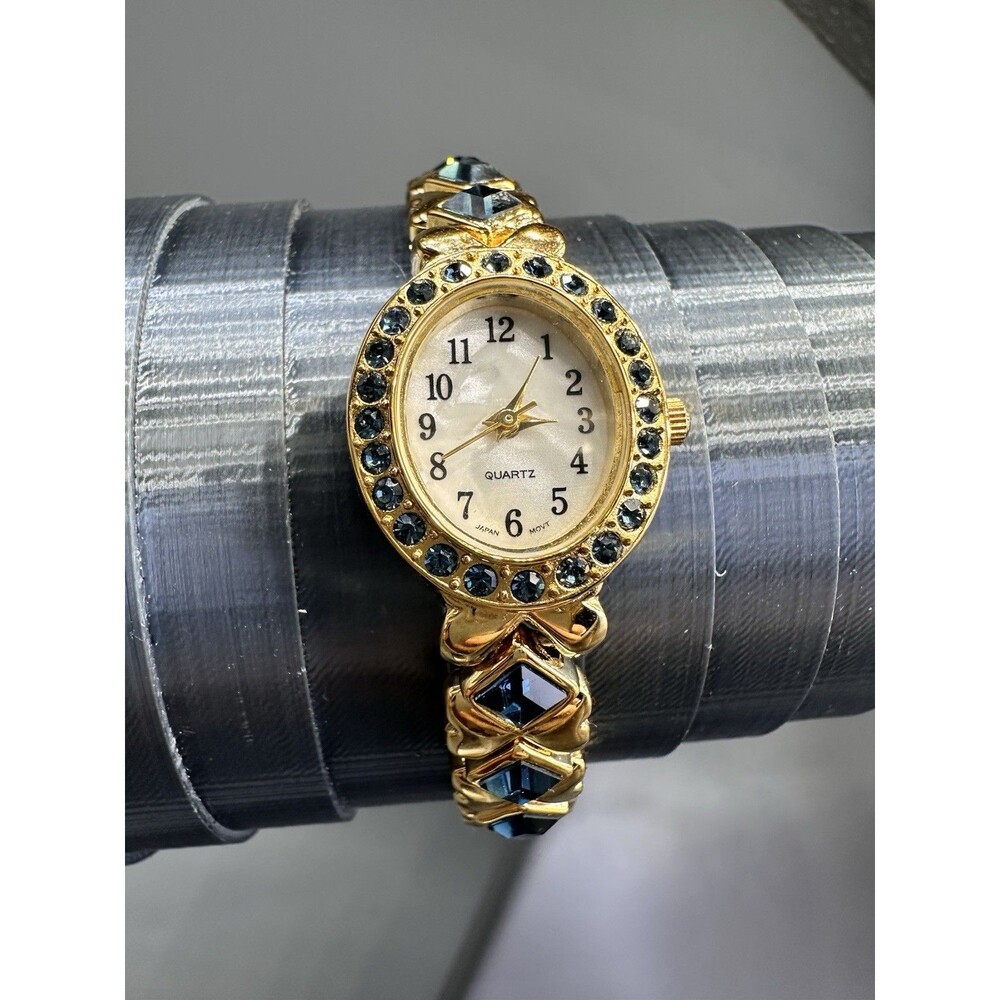 Blue Rhinestone & Gold Tone Bracelet Watch Quartz Works! 7”